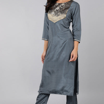 Grey Poly Silk Solid Straight Suit Set PKSKD1322
