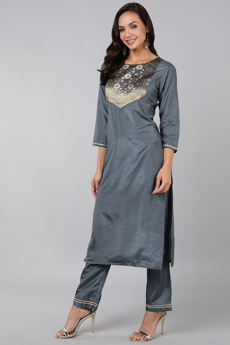 Grey Poly Silk Solid Straight Suit Set PKSKD1322