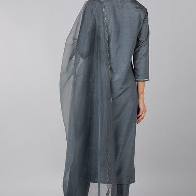 Grey Poly Silk Solid Straight Suit Set PKSKD1322