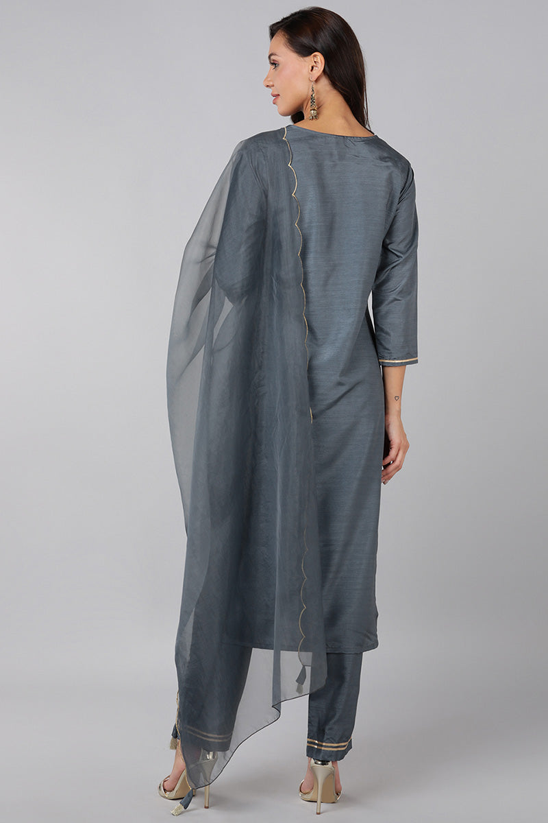 Grey Poly Silk Solid Straight Suit Set PKSKD1322