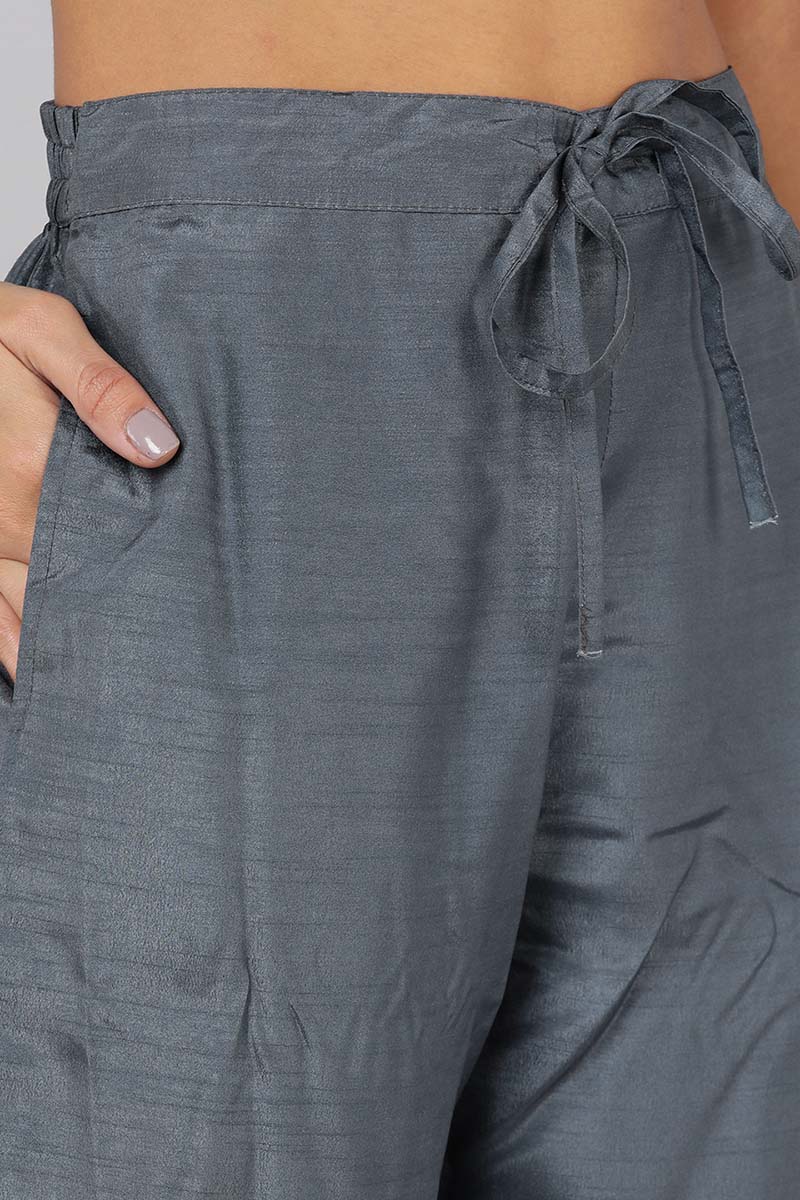 Grey Poly Silk Solid Straight Suit Set PKSKD1322