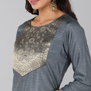 Grey Poly Silk Solid Straight Suit Set PKSKD1322