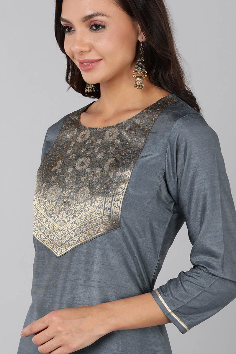 Grey Poly Silk Solid Straight Suit Set PKSKD1322