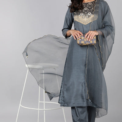 Grey Poly Silk Solid Straight Suit Set PKSKD1322