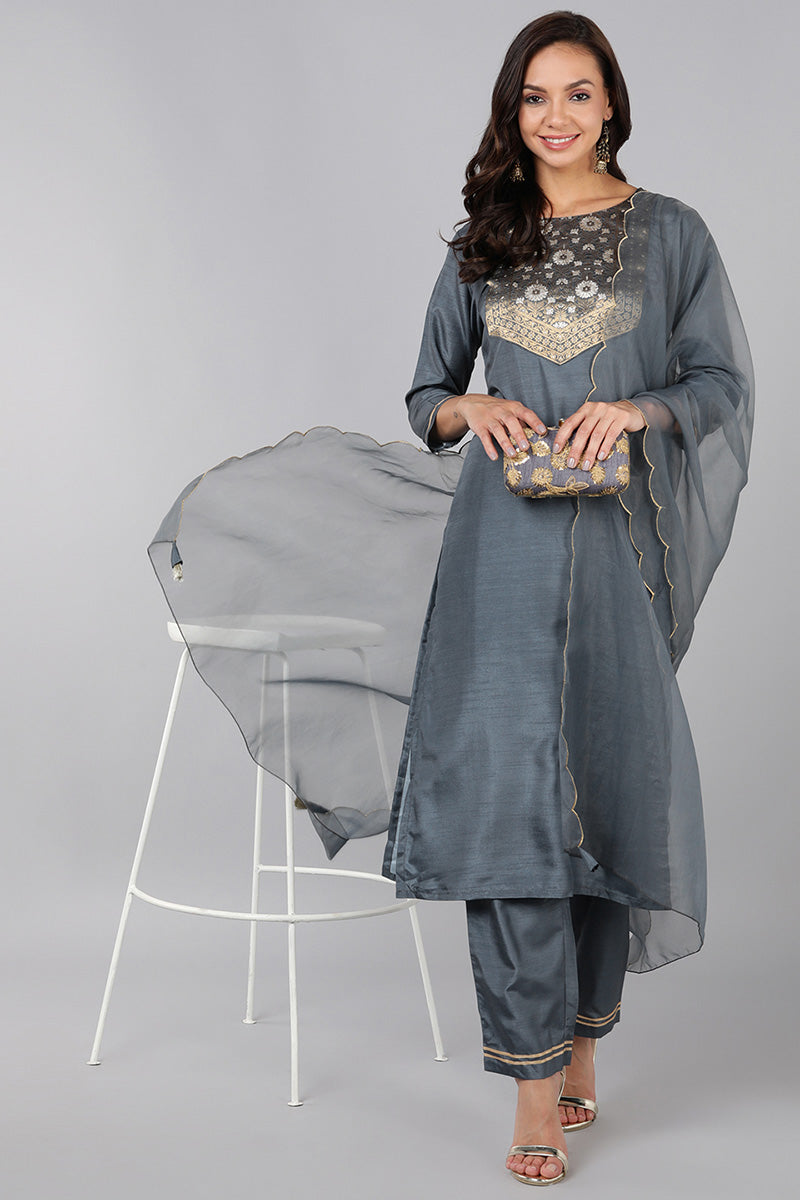 Grey Poly Silk Solid Straight Suit Set PKSKD1322