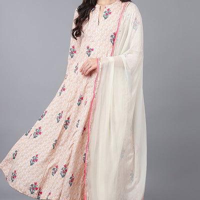 Beige Poly Crepe Anarkali Suit Set PKSKD1326