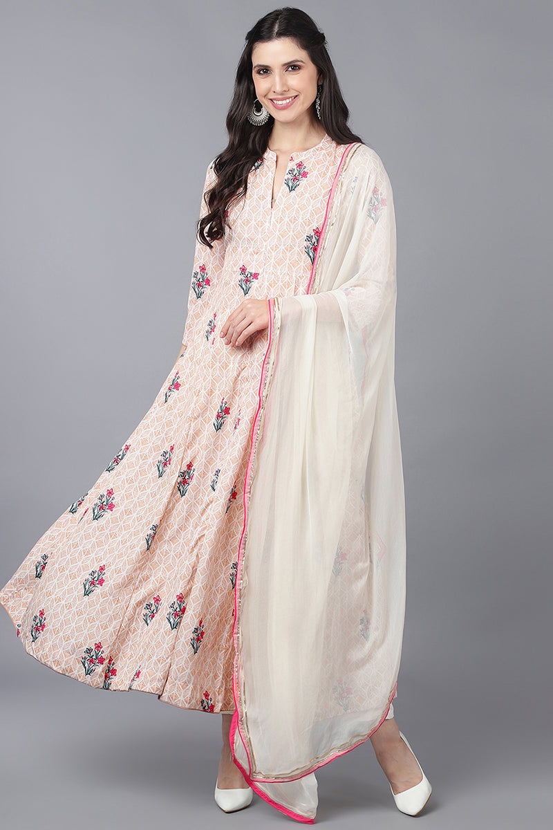 Beige Poly Crepe Anarkali Suit Set PKSKD1326