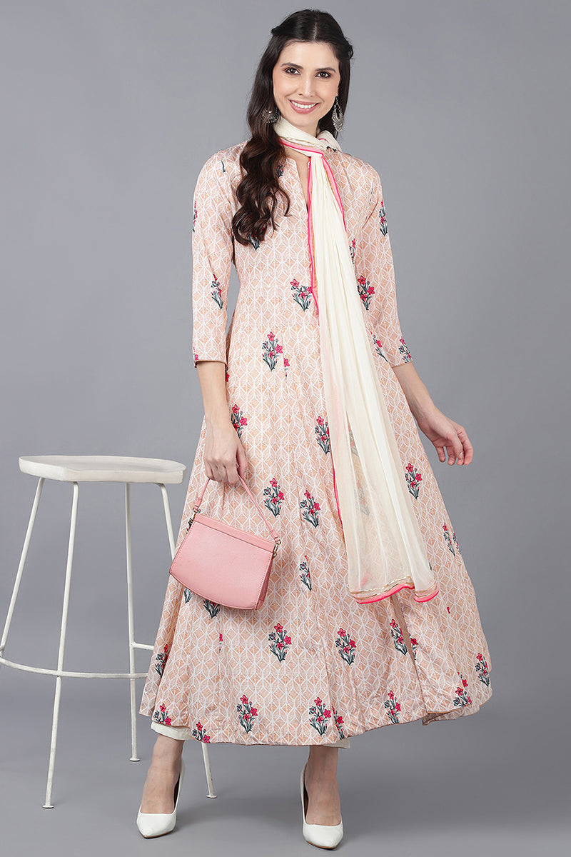 Beige Poly Crepe Anarkali Suit Set PKSKD1326