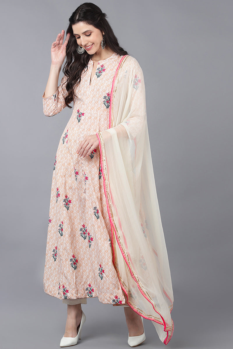 Beige Poly Crepe Anarkali Suit Set PKSKD1326