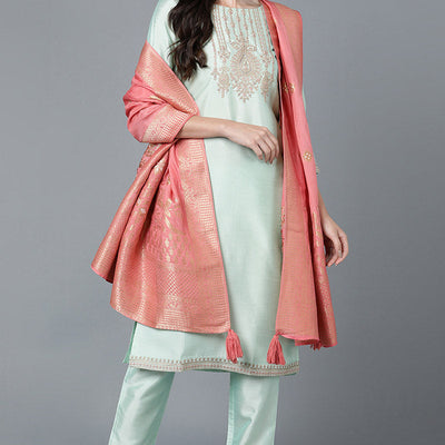 Mint Green Poly Silk Straight Kurta Pant With Dupatta Set PKSKD1478