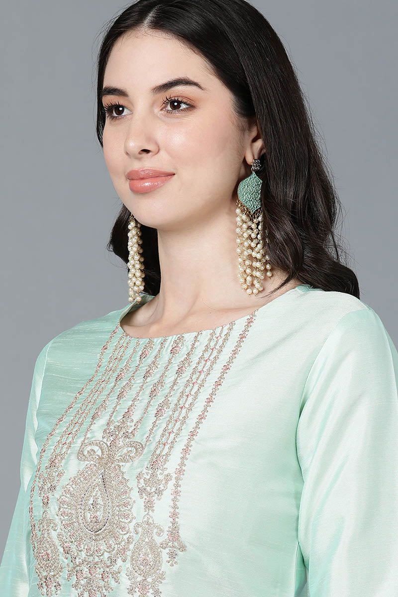Mint Green Poly Silk Straight Kurta Pant With Dupatta Set PKSKD1478