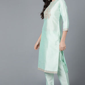Mint Green Poly Silk Straight Kurta Pant With Dupatta Set PKSKD1478