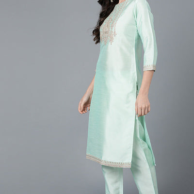 Mint Green Poly Silk Straight Kurta Pant With Dupatta Set PKSKD1478