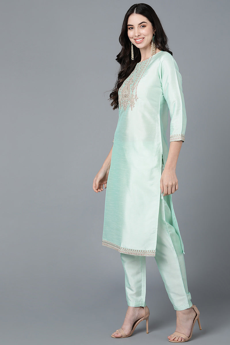 Mint Green Poly Silk Straight Kurta Pant With Dupatta Set PKSKD1478