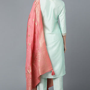 Mint Green Poly Silk Straight Kurta Pant With Dupatta Set PKSKD1478