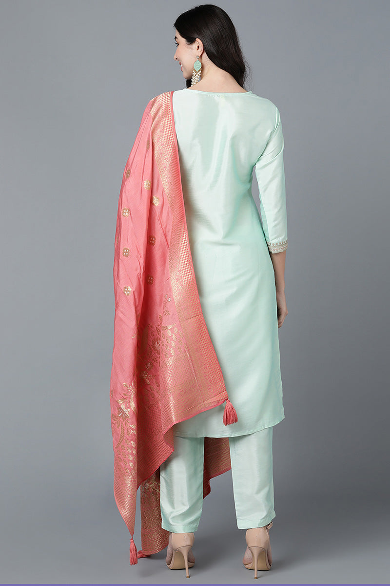 Mint Green Poly Silk Straight Kurta Pant With Dupatta Set PKSKD1478