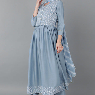 Blue Silk Blend Yoke Design Suit Set PKSKD1606