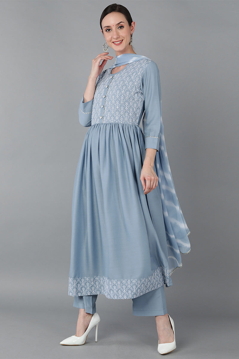 Blue Silk Blend Yoke Design Suit Set PKSKD1606