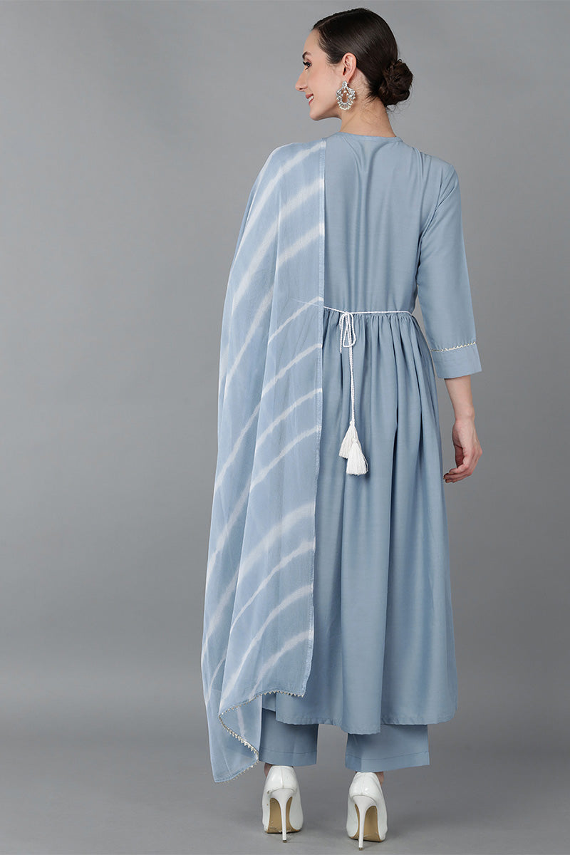 Blue Silk Blend Yoke Design Suit Set PKSKD1606