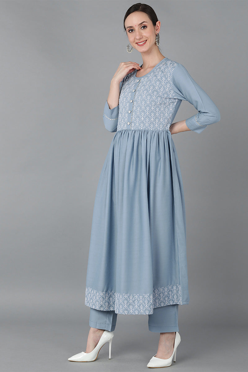 Blue Silk Blend Yoke Design Suit Set PKSKD1606