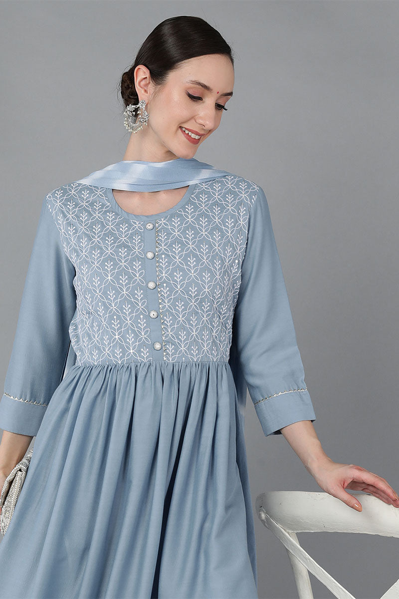 Blue Silk Blend Yoke Design Suit Set PKSKD1606