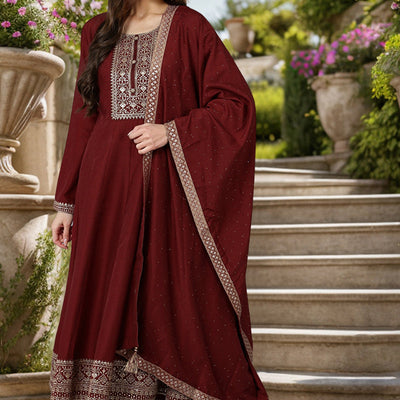 Maroon Silk Blend Solid A-Line Kurta Trousers With Dupatta PKSKD1756