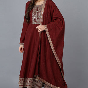 Maroon Silk Blend Solid A-Line Kurta Trousers With Dupatta PKSKD1756