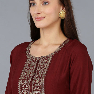 Maroon Silk Blend Solid A-Line Kurta Trousers With Dupatta PKSKD1756