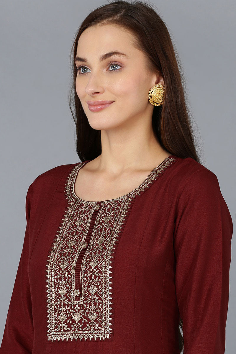 Maroon Silk Blend Solid A-Line Kurta Trousers With Dupatta PKSKD1756