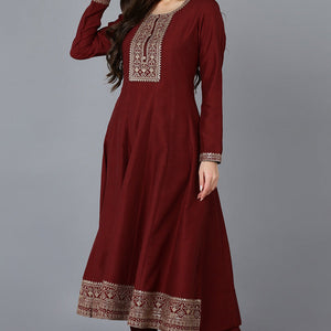 Maroon Silk Blend Solid A-Line Kurta Trousers With Dupatta PKSKD1756