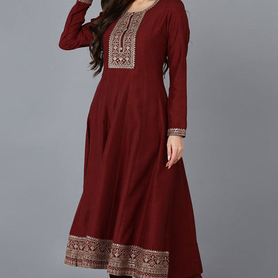 Maroon Silk Blend Solid A-Line Kurta Trousers With Dupatta PKSKD1756