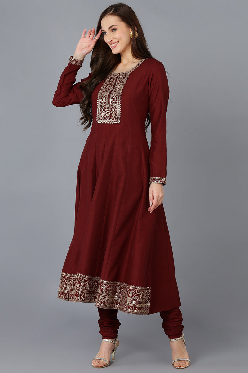 Maroon Silk Blend Solid A-Line Kurta Trousers With Dupatta PKSKD1756