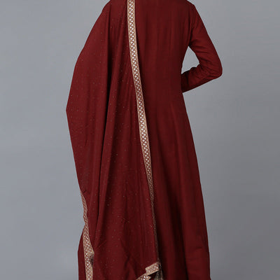 Maroon Silk Blend Solid A-Line Kurta Trousers With Dupatta PKSKD1756