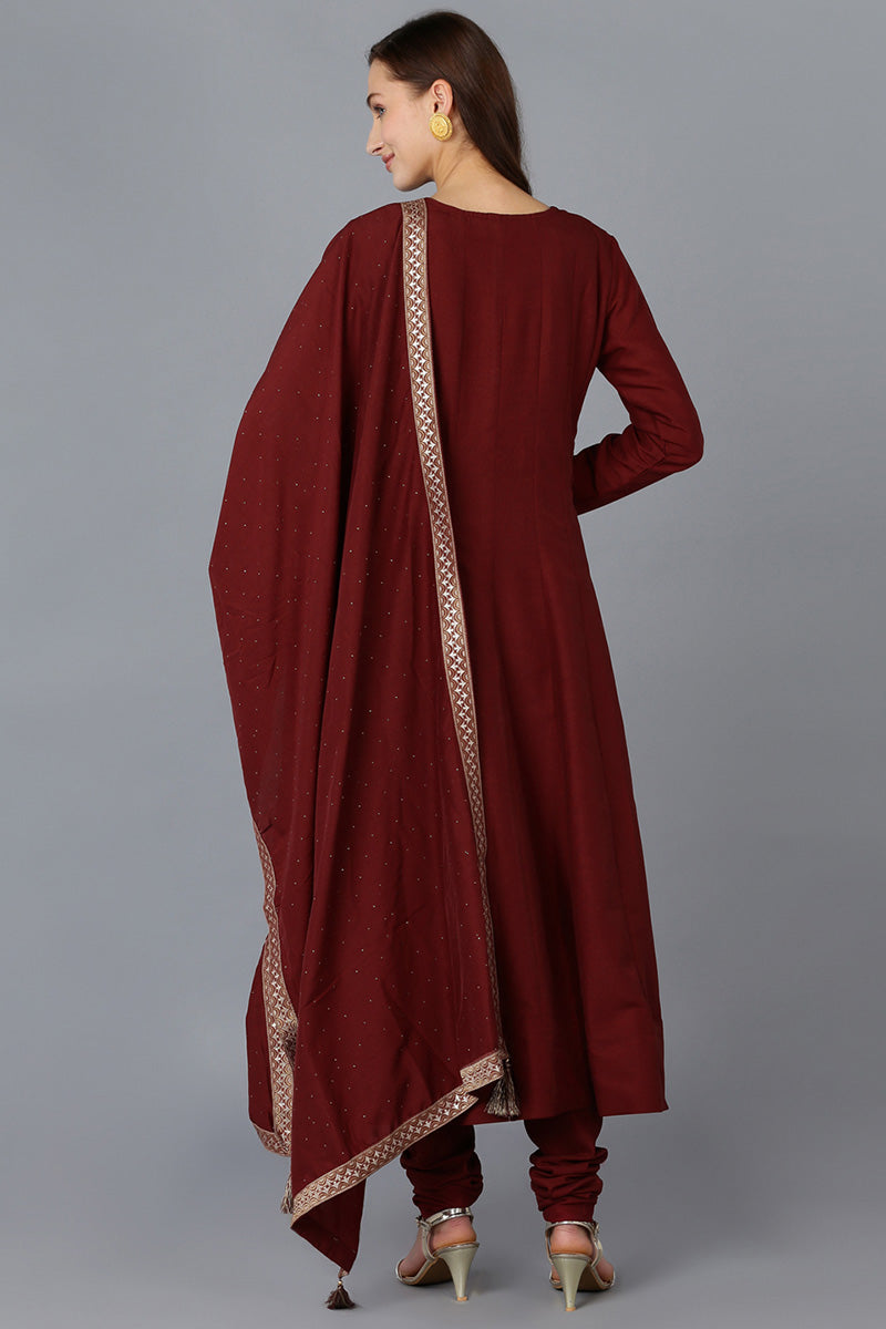 Maroon Silk Blend Solid A-Line Kurta Trousers With Dupatta PKSKD1756