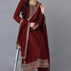 Maroon Silk Blend Solid A-Line Kurta Trousers With Dupatta PKSKD1756