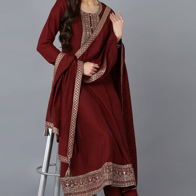 Maroon Silk Blend Solid A-Line Kurta Trousers With Dupatta PKSKD1756
