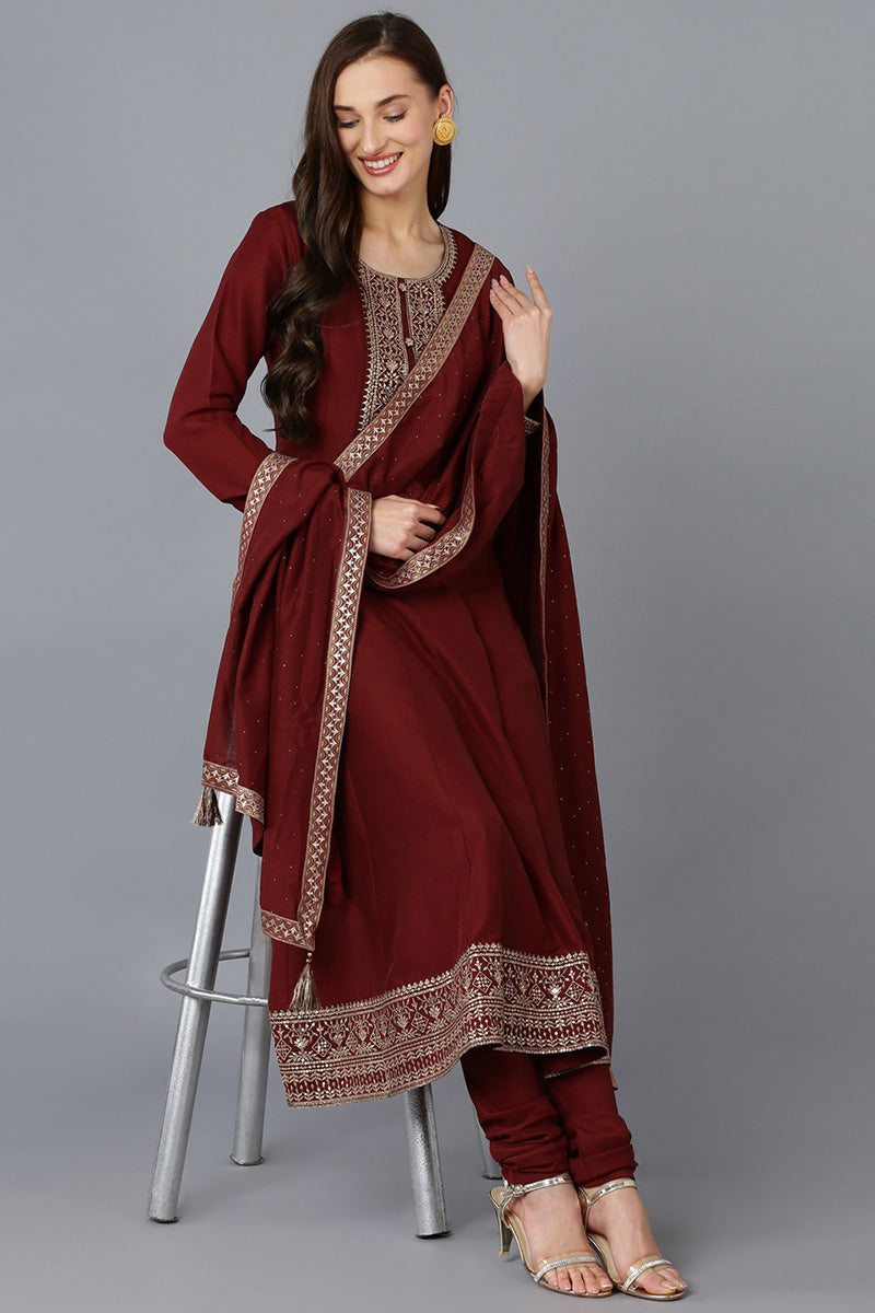 Maroon Silk Blend Solid A-Line Kurta Trousers With Dupatta PKSKD1756