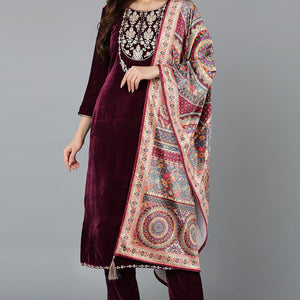 Burgundy Velvet Straight Kurta Pant With Dupatta PKSKD1766