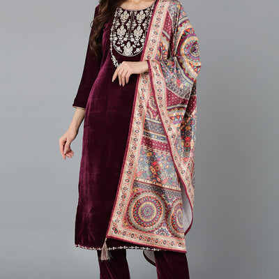 Burgundy Velvet Straight Kurta Pant With Dupatta PKSKD1766