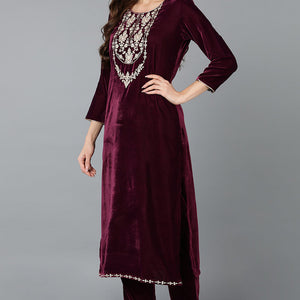 Burgundy Velvet Straight Kurta Pant With Dupatta PKSKD1766