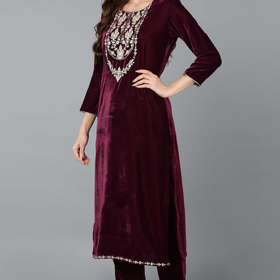 Burgundy Velvet Straight Kurta Pant With Dupatta PKSKD1766