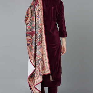 Burgundy Velvet Straight Kurta Pant With Dupatta PKSKD1766
