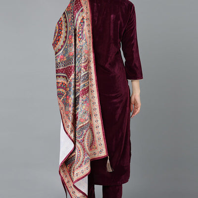 Burgundy Velvet Straight Kurta Pant With Dupatta PKSKD1766