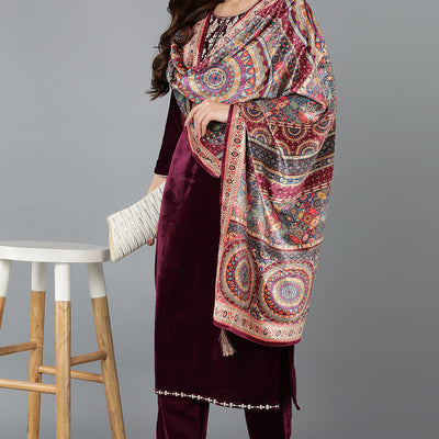 Burgundy Velvet Straight Kurta Pant With Dupatta PKSKD1766