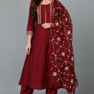 Maroon Silk Blend Straight Kurta Pant With Dupatta PKSKD1902