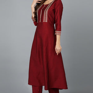 Maroon Silk Blend Straight Kurta Pant With Dupatta PKSKD1902