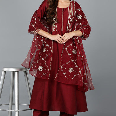 Maroon Silk Blend Straight Kurta Pant With Dupatta PKSKD1902