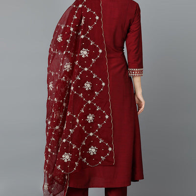 Maroon Silk Blend Straight Kurta Pant With Dupatta PKSKD1902