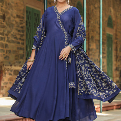 Prussian Blue Poly Georgette Angrakha Pant With Dupatta PKSKD1910