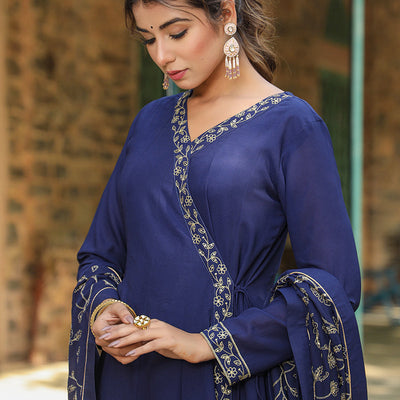 Prussian Blue Poly Georgette Angrakha Pant With Dupatta PKSKD1910
